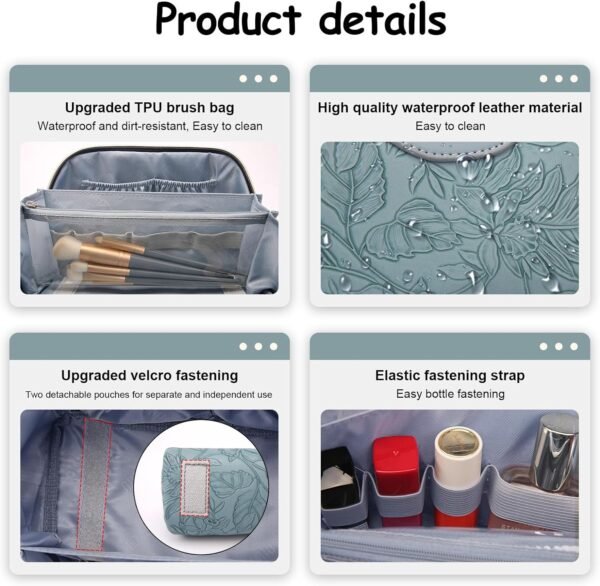 BOYATU Travel Makeup Bags Cosmetic Organizer Bag: 3-Set Large Capacity Make up Bag - PU Leather Toiletry Bags for Women - Wide Open Portable Pouch with Divider & Handle (01-Light Blue)