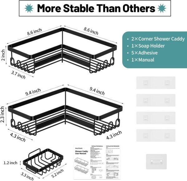 StorageRight Corner Shower Caddy, 3 Pack Adhesive Bathroom Accessories with Soap Holder, Storage Stainless Shower Organizer Shelf with Hooks, No Drilling Shower Shelves for Bathroom, Dorm and Kitchen