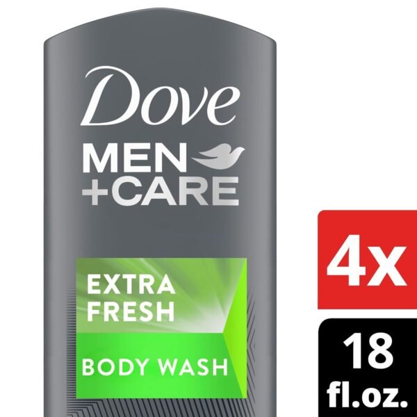 Dove Men+Care Body Wash Extra Fresh 4 Count for Men's Skin Care Body Wash Effectively Washes Away Bacteria While Nourishing Your Skin 18 oz
