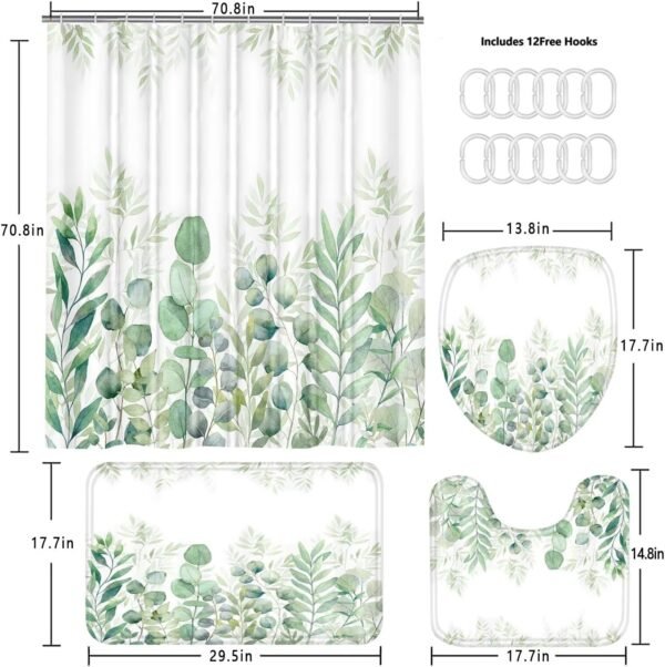 DDQQ Green Leaves Shower Curtain Sets with Non-Slip Rug, Toilet Lid Cover and Bath Mat, Plant Leaves Shower Curtain Sets with 12 Hooks, Shower Curtain for Bathroom Set Decor