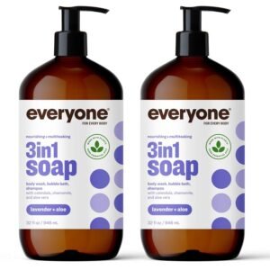Everyone 3-in-1 Soap, Body Wash, Bubble Bath, Shampoo, 32 Ounce (Pack of 2), Lavender and Aloe, Coconut Cleanser with Organic Plant Extracts and Pure Essential Oils (Packaging May Vary)