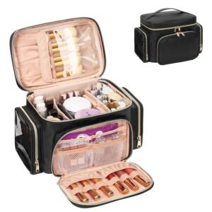711QkVdbXAL._SL1500_.jpg Large Makeup Bag, Portable Travel Makeup Bag Organizer for Women Girls with Makeup Brush Compartment & Two Side Pockets, Cosmetic Travel Bag Vertical Storage Toiletry Bag - Black
