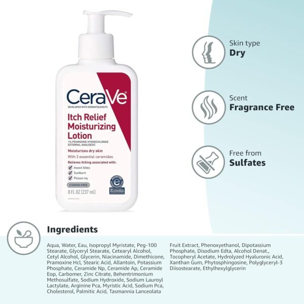 711ipVRVuLL._SL1500_.jpg CeraVe Anti Itch Moisturizing Lotion with Pramoxine Hydrochloride, Relieves Itch with Minor Skin Irritations, Sunburn Relief, Bug Bites, 8 Ounce