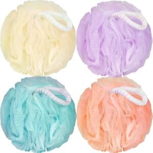 Bath Loofah Sponge Body Scrubber Shower Sponge Exfoliating Mesh Pouf Shower Ball Bath Sponges for Women and Men Bathing Accessories (4Pack 50G Colorful)