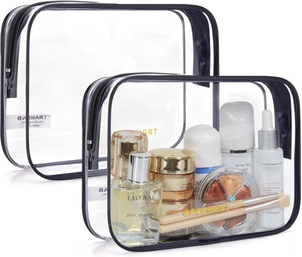 712DUztCJhL._AC_SL1500_.jpg BAGSMART Clear Toiletry Bag, 2 Packs TSA Approved Water resistant Quart Size Travel Organizer, Airport Airline Travel Essential Carry On Makeup Cosmetic Bags for Women, Black