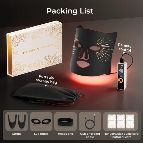 Red Light Therapy for Face-LED Face Mask Light Therapy with 3 Gears,2500mAh Battery,Remote Control,Infrared Red Light Therapy Mask for Home Working Travel Yoga Sleep