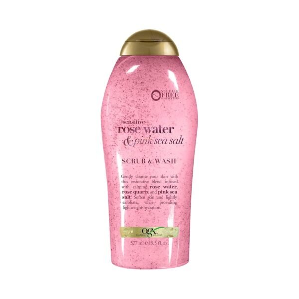 OGX Sensitive + Rose Water & Pink Sea Salt Exfoliating Body Scrub + Rose Quartz, Gentle Exfoliating Daily Body Wash Softens Skin, Body Scrub for Women, Sulfate-Free Surfactants, 19.5 fl oz