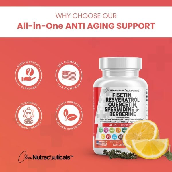 Clean Nutraceuticals Fisetin Quercetin Resveratrol with Spermidine Wheat Germ Extract - Health Supplement for Adults Longevity with Berberine, Collagen, Rhodiola, Apigenin