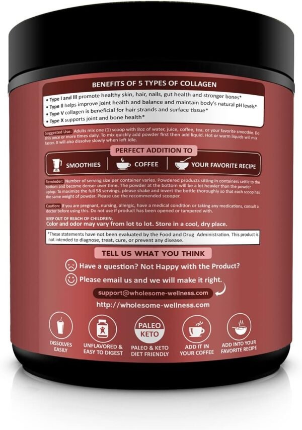 712hcDcBxDL._AC_SL1500_.jpg Wholesome Wellness Multi Collagen Protein Powder Hydrolyzed (Type I II III V X) Grass-Fed All-in-One Super Bone Broth + Peptides - Premium Blend of Beef, Chicken, Wild Fish, Eggshell, 58 Servings