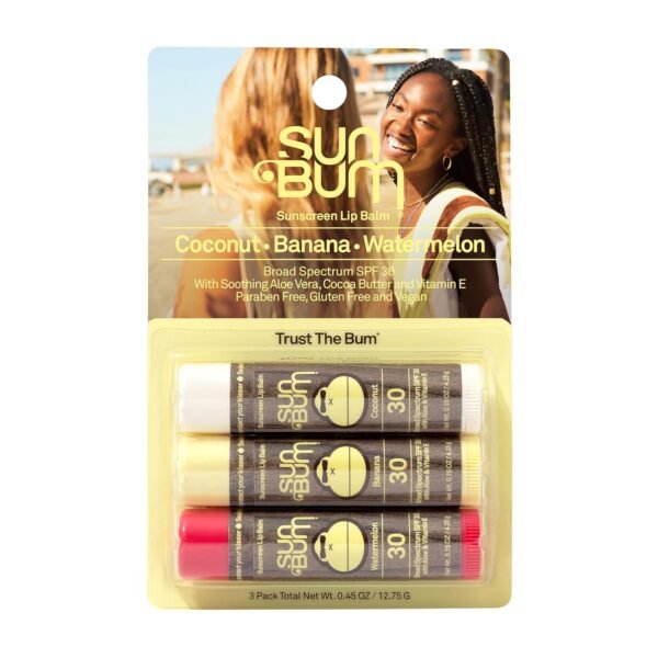 713-JVWPl7L._SL1500_.jpg Sun Bum SPF 30 Sunscreen Lip Balm 3 Flavor Variety Pack - Coconut, Banana, Watermelon - Moisturizing Aloe Vera and Vitamin E - Vegan and Cruelty Free - UVA/UVB Lip Protection - 0.15 oz , 3 ct