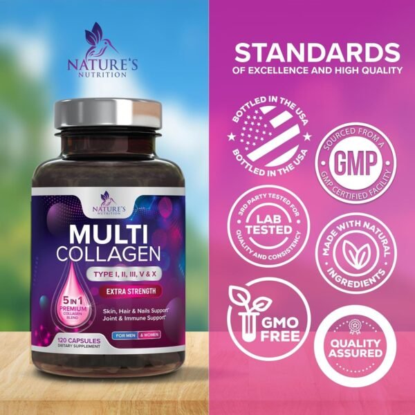 713BP8vloOL._AC_SL1500_.jpg Multi Collagen Supplement for Women & Men - Type I, II, III, V, X Multi Collagen Pills, Hydrolyzed Collagen Peptides Supplements, Nature's Hair, Skin, Nail, and Joint Support Supplement, 120 Capsules