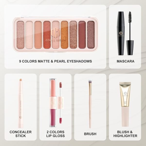 Color Nymph All In One Makeup Kit For Teens And Girls With Waterproof Handbag Makeup Kit Included 9 Colors Matte And Pearl Eyeshadow Palette Liquid Blush, Double Ended Lipgloss Concealer Brush Mascara