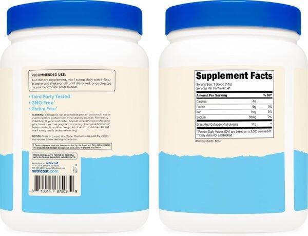 Nutricost Collagen Peptides Powder 1LB (454 G) - Grass Fed Bovine Collagen Hydrolysate (Unflavored)