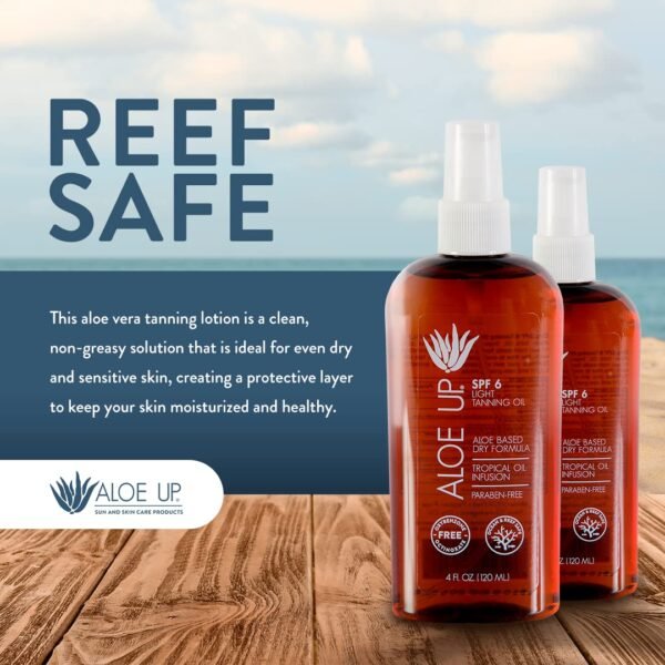 Aloe Up Light Tanning Oil With SPF 6 Sunscreen - Body and Face Tanning Oil for Outdoor Sun - With Pure Aloe Vera Oil and Natural Oils - Absorbs Quickly - Reef Friendly - Fresh Tropical Scent - 4 Oz