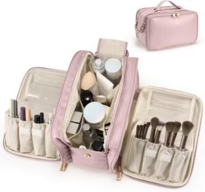 714n4Xk2FTL._AC_SL1500_.jpg Travel Makeup Bag Women's Large Capacity Cosmetic Portable Organizer Large Opening Waterproof Storage Toiletry Bags Vertical Free-Standing Brush Holder for Easy Access Pink