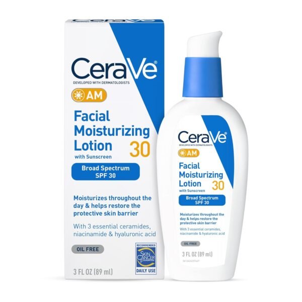 7157VG2pbbL._SL1500_.jpg CeraVe AM Facial Moisturizing Lotion with SPF 30, Oil-Free Face Moisturizer with SPF, Formulated with Hyaluronic Acid, Niacinamide & Ceramides, Non-Comedogenic, Broad Spectrum Sunscreen, 3 Ounce