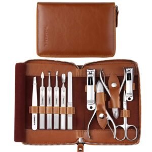 715V0vdZPUL._SL1500_.jpg FAMILIFE Manicure Set, Professional Manicure Kit Nail Clippers Set 11 in 1 Stainless Steel Pedicure Tools Nail Kit Men Grooming Tool with Portable Brown Leather Travel Case Luxury Gifts for Him