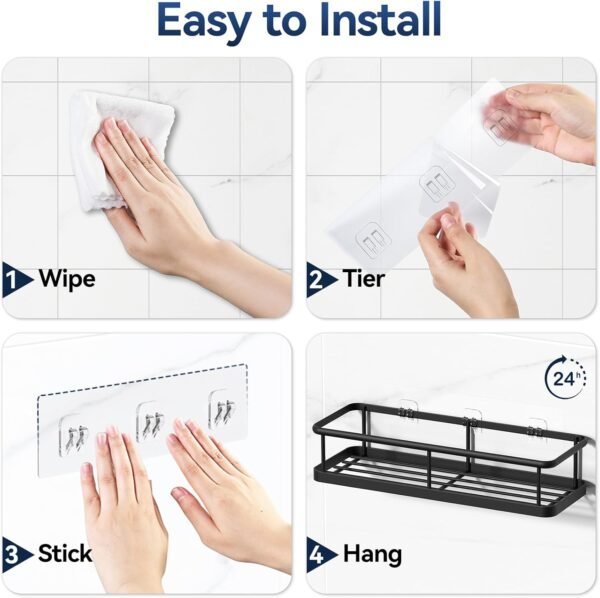 YASONIC Shower Caddy Adhesive, No Drill Bathroom Shower Organizers, with Removable Hooks, Rust Proof Shower Shelves, Wall-Mounted Shower Holder, Black, 2 Packs