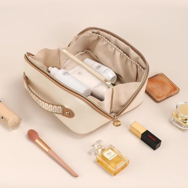 715ywBNJyDL._AC_SL1500_.jpg Prite Makeup Bag for Women Travel Waterproof Vegan Leather Cosmetic Bag Open Flat Toiletry Bag With Clear Divider and Handle (Beige)