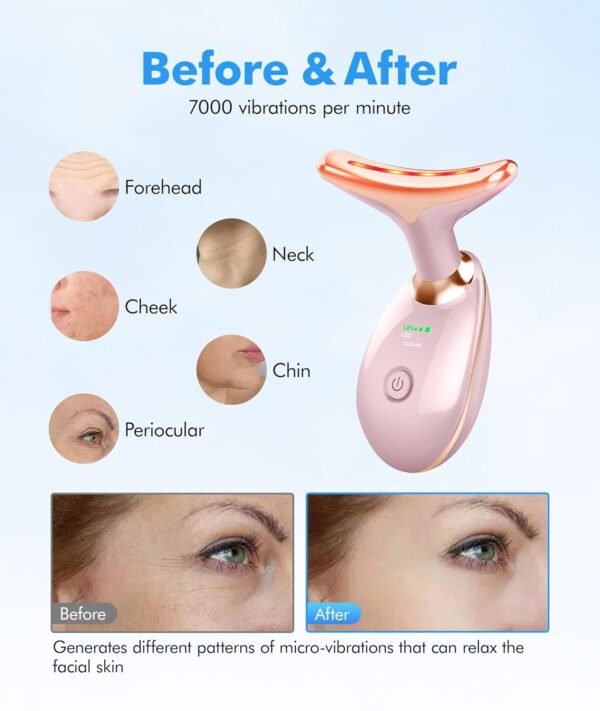 Red-Light-Therapy-for-Face-and-Neck, 7 Color Face Massager Tool for Wrinkles, Double Chin, Vibrating Facial Massager with Thermals for Skin Care, Glossy Pink