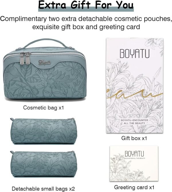 BOYATU Travel Makeup Bags Cosmetic Organizer Bag: 3-Set Large Capacity Make up Bag - PU Leather Toiletry Bags for Women - Wide Open Portable Pouch with Divider & Handle (01-Light Blue)