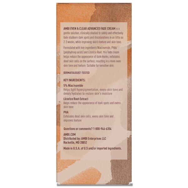 7170PucbE6L._SL1500_.jpg Ambi Even & Clear Advanced Fade Cream, Hydroquinone-free, Hyperpigmentation Treatment, Stubborn Dark Spot Corrector, Results In As Little As 2-3 Weeks, Niacinamide, Licorice Root Extract, PHA, 1 Fl Oz