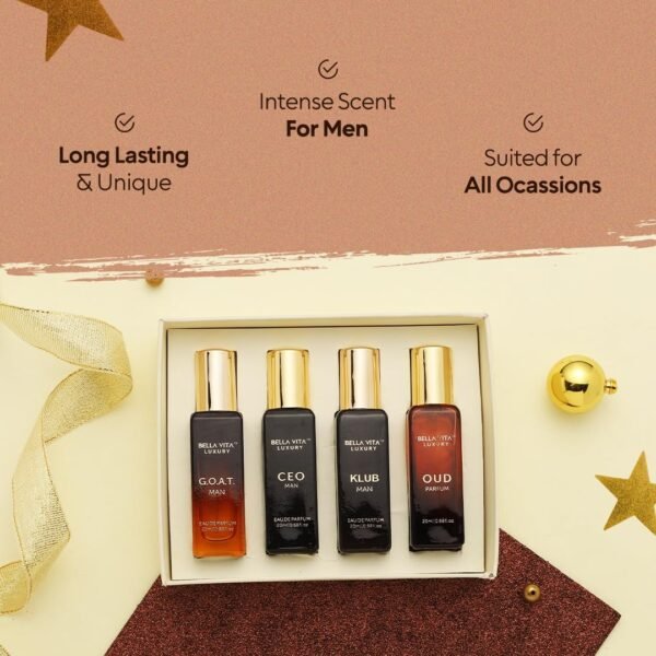 7170hF1BYYL._SL1080_.jpg BellaVita Luxury Perfume Gift Set for Men (4 x 20ml) – Perfect Father’s Day Gifts for Dad & Husband | Includes KLUB, OUD, CEO & GOAT | Premium Masculine Woody, Citrusy & Aromatic Fragrances