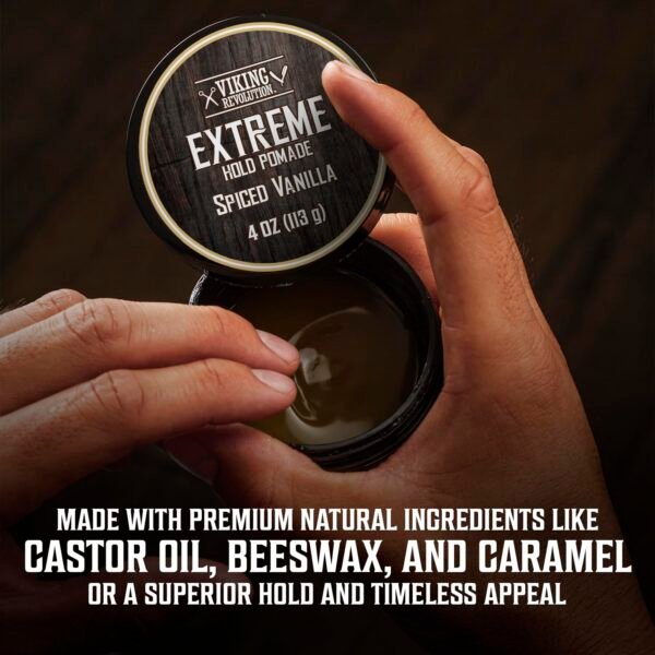 Viking Revolution Spiced Vanilla Hair Pomade for Men - Extreme Hold Hair Gel for Men Water Based - Mens Pomade Extra Firm Mens Hair Pomade Strong Hold - High Shine Mens Hair Cream (4oz)