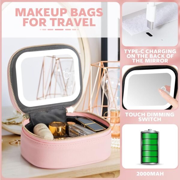 717WROvlgqL._AC_SL1500_.jpg Small Makeup Bag Travel Train Case with Mirror and Light Mini Travel Make up for Women Train Case Cosmetic Organizer 3 Adjustable Brightness Toiletry Bag Portable Artist Storage