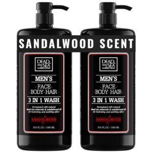 Dead Sea Collection Mens Body Wash 3 in 1 – Sandalwood Body Wash for Men – Shower Gel – Shampoo – Shower Soap for Face and Hair – Pack of 2 Bottles (33.8 Fl. Oz. Each)