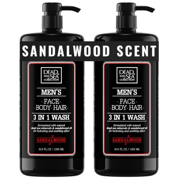 Dead Sea Collection Mens Body Wash 3 in 1 – Sandalwood Body Wash for Men – Shower Gel – Shampoo – Shower Soap for Face and Hair – Pack of 2 Bottles (33.8 Fl. Oz. Each)