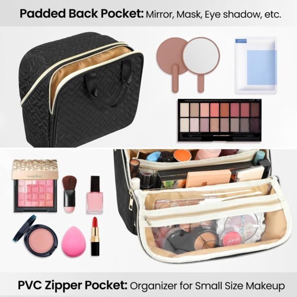 717e0d9ZRzL._AC_SL1500_.jpg Makeup Bag, Large Capacity with Room for Brushes and Mirror, Travel Makeup Organizer, Portable Standing Make Up Case, Waterproof Cosmetic Toiletry Bags with Handle, Color Black