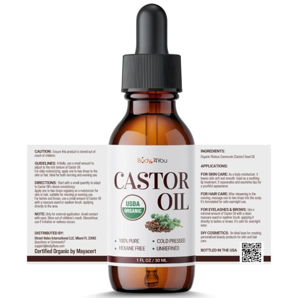 BodyJ4You Organic Castor Oil for Hair Growth: Natural Eyelashes Serum for Lashes and Eyebrows - Glass Bottle 1 Fl Oz