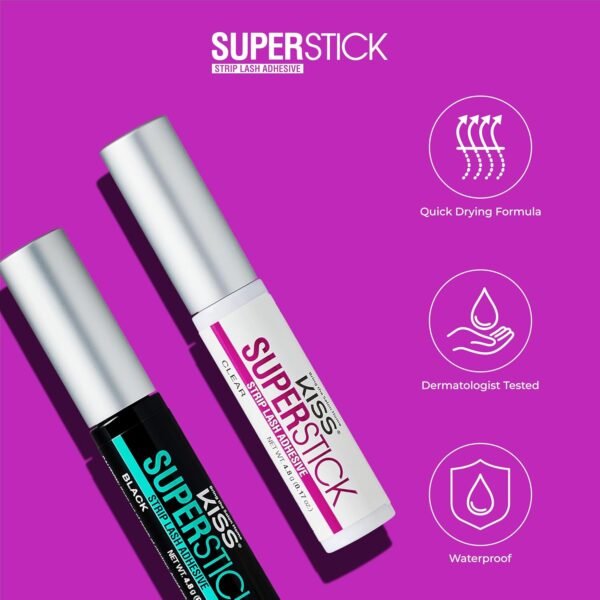 717s7Y0RQuL._SL1500_.jpg KISS Super Stick 5-Day Extended Wear Strip Lash Adhesive, Quick Drying Lash Glue, Witch Hazel & Cactus Extract Infused, Brush Applicator, Net Wt. 4.8g (0.17 oz.), Clear