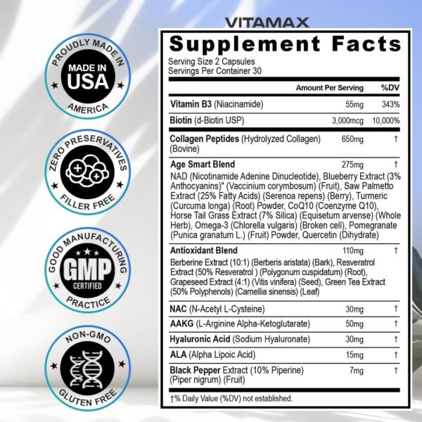717tp9OnSEL._AC_SL1080_.jpg Resveratrol NAD+ Berberine Hyaluronic Acid - Biotin Grape & Blueberry + NAC - Collagen Peptides - Hair, Nail, Skin & Joint Supplement - 21-in-1 Women and Men - Made in USA (60 Count (Pack of 1)