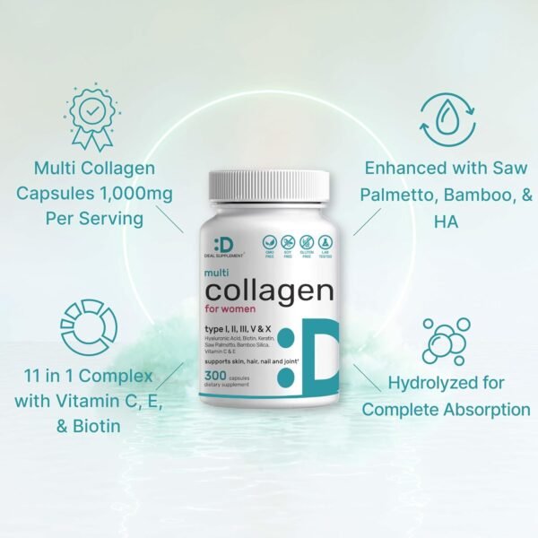Multi Collagen Pills with Vitamin C, E & Biotin, 300 Capsules – Hydrolyzed Collagen Peptides – 11 in 1 Formula with Saw Palmetto, Bamboo Silica, & Hyaluronic Acid – Hair, Skin, Nail, & Joint Health