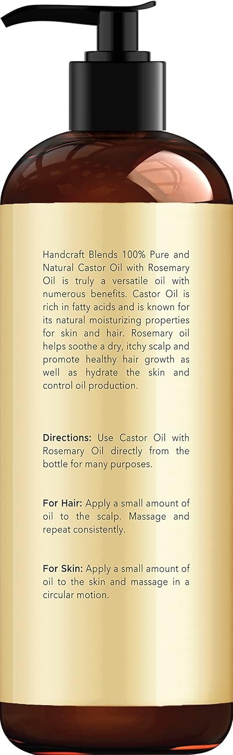 718NobtBrkL._SL1500_.jpg Handcraft Blends Castor Oil with Rosemary Oil - 8 Fl Oz - 100% Pure and Natural - Premium Grade Carrier Oil for Hair Growth, Eyelashes and Eyebrows, Hair & Body