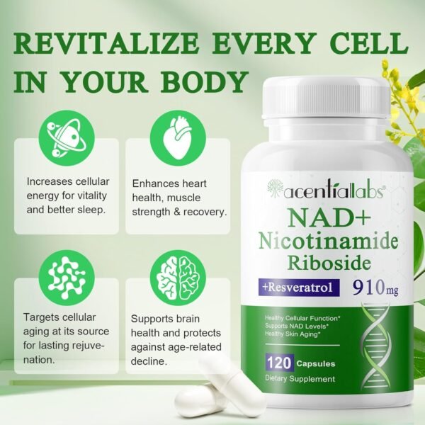 NAD+ Supplement, 910MG Liposomal NAD+ for Women & Men, Nicotinamide Riboside, Resveratrol, Quercetin, NAD Resveratrol Supplement for Anti-Aging, 120 Capsules