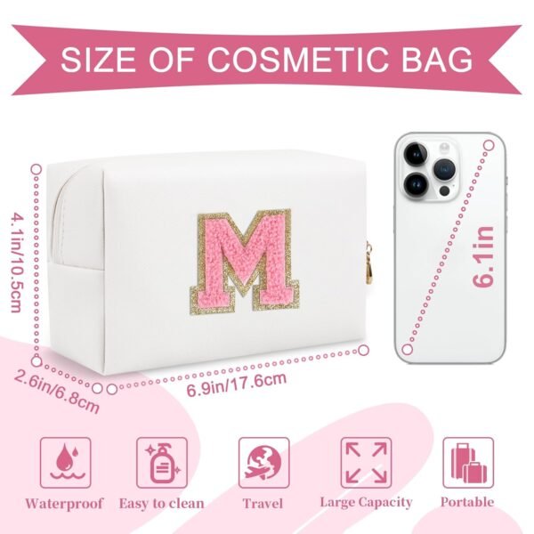 719Dgh9tHnL._SL1500_.jpg Personalized Makeup Bag Initial A-Z Preppy Patch Bag,Small PU Leather Travel Cosmetic Bag Pouch with Zipper,White Cute Toiletry Bag,Gift Ideal for Teen Girls Women Birthday Friend Mom,Letter M