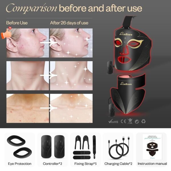 Red Light Therapy for Face Set, Led Mask Light Therapy for Face & Neck, Light 850nm and Red Light 630nm, Black