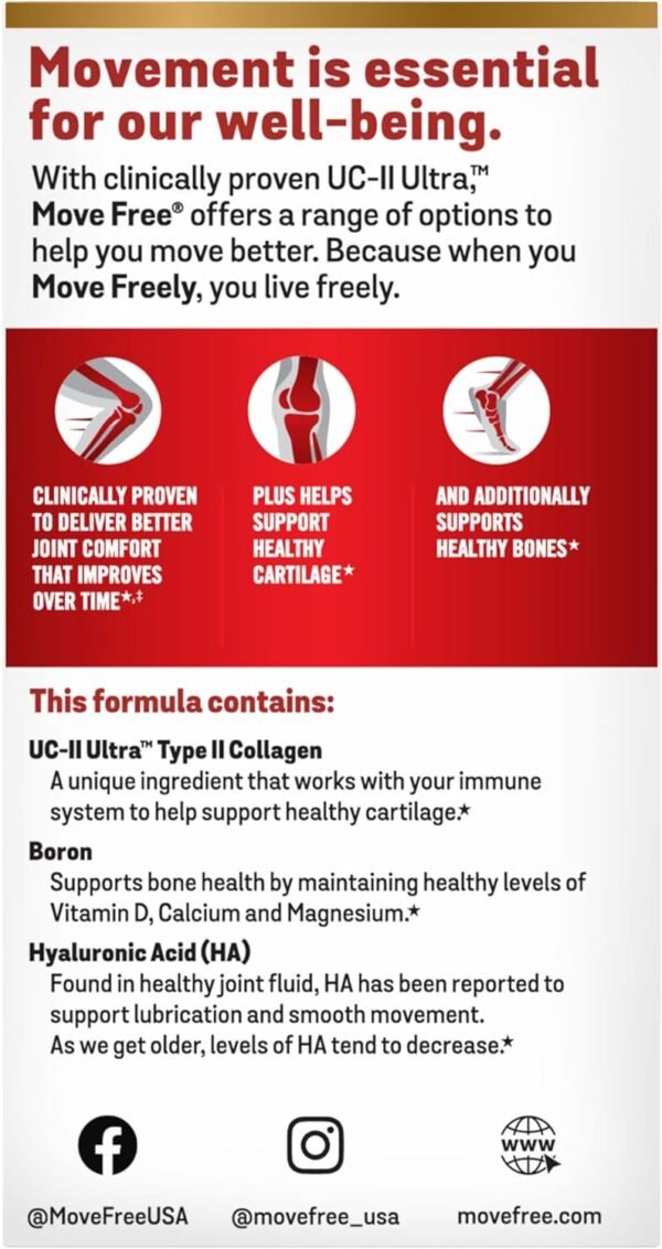 71A5GkWJ9iL._AC_SL1500_.jpg Move Free Ultra Triple Action Joint Support Supplement - Type II Collagen Boron & Hyaluronic Acid - Supports Joint Comfort, Cartiliage & Bones in 1 Tiny Pill Per Day, 64 Tablets (64 servings)