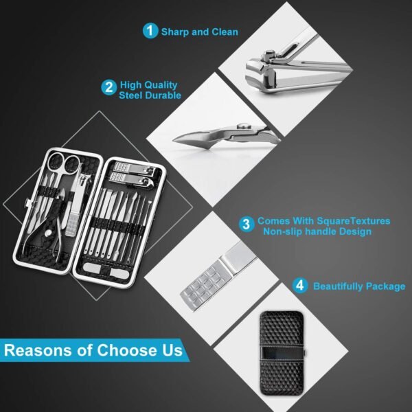 71AUcnVe-cL._SL1250_.jpg Nail Clippers Set Fingernail and Toenail Clipper Cutters, Manicure Pedicure Kit 18 Pieces Stainless Steel Professional Grooming Kits, Nail Care Tools with Luxurious Travel Case