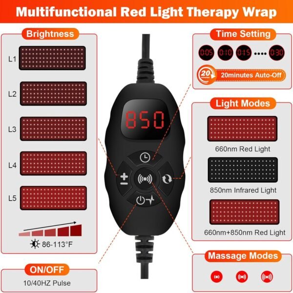Red Light Therapy Wrap for Body, 660nm&850nm Infrared Red Light Therapy Belt with Vibration & Pulse, Massage Heating Pad Device for Back Shoulder Waist Muscle Pain Relief at Home