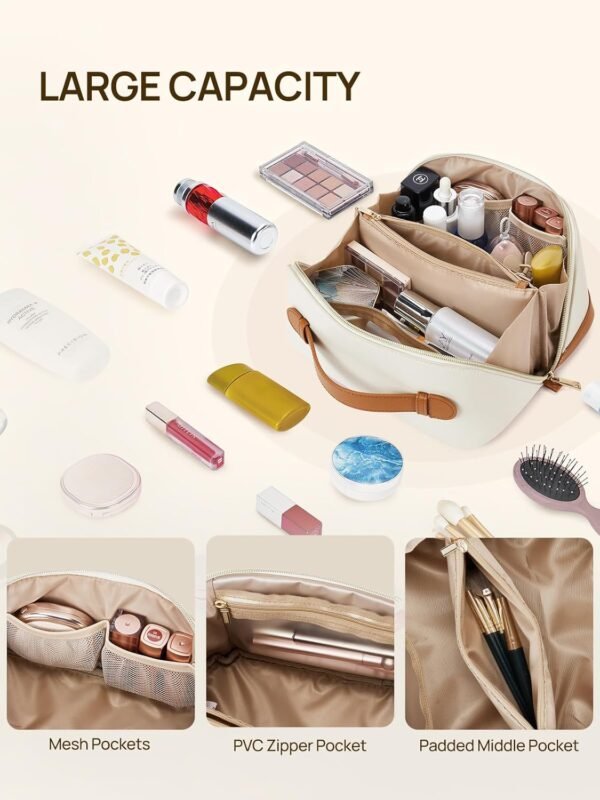 71AWLh635FL._AC_SL1500_.jpg Telena Makeup Bag Large Capacity Travel Cosmetic Bag Portable PU Leather Water Resistant Makeup Organizer Bags for Women with Handle and Divider Open Flat Beige with Brown