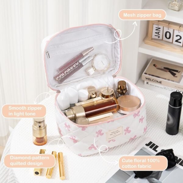 Makeup Bag for Women 3PCS Quilted Cotton Make Up Bag Travel Cosmetic Bag Large Makeup Bag Set Cute Bow Makeups Purse Organizer Floral Toiletry Pouch