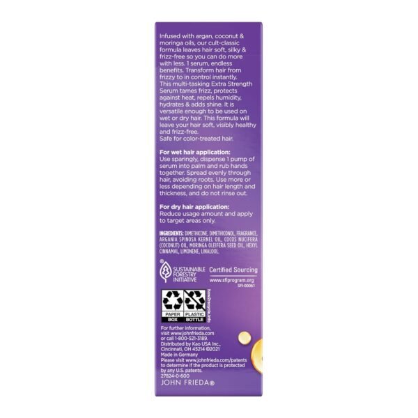 John Frieda Frizz Ease Extra Strength Hair Serum, Instantly Smooths for Healthy, Hydrated, Frizz-Free Hair, for Thick and Coarse Hair, with Argan, Coconut, and Moringa Oil for Heat Protection, 1.69 Oz