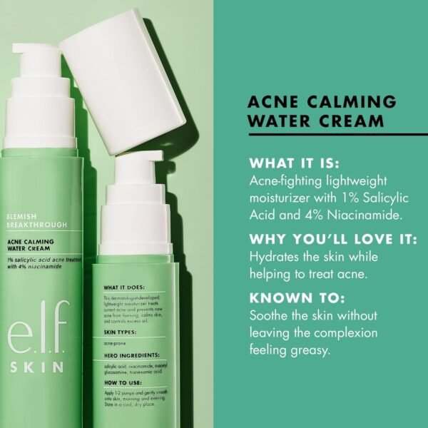 71B6z9vDlkL._SL1500_.jpg e.l.f. SKIN Blemish Breakthrough Calming Water Cream, Lightweight Blemish-Fighting Face Moisturiser, Prevents New Blemishes & Calms Skin