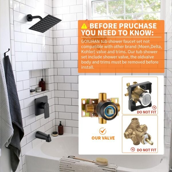 Black Tub Shower Faucet Set Complete with 8-Inch Rainfall Shower Head and Tub Spout Included Shower Valve Tub Shower Trim Kit Matte Black