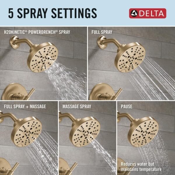 Delta Faucet Nicoli 14 Series Single-Handle Tub and Shower Trim Kit, Shower Faucet with 5-Spray H2Okinetic Shower Head, Champagne Bronze 144749-CZ (Shower Valve Included)