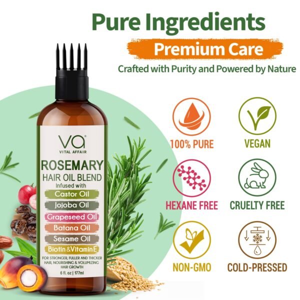 Blend Of Pure Rosemary Oil With Castor, Batana, Jojoba Oil - Infused With Biotin & Vitamin E-Blend of Effective Hair Oils for Hair Growth-Strengthening Treatment 6 Fl Oz